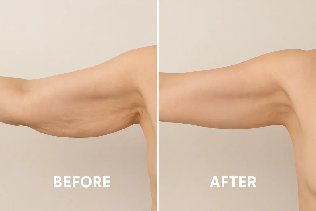 Picture of LA LIPO South Yorkshire before and after results of skin tightening treatment on the upper arms.