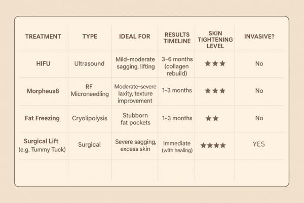Table showing the comparisons of Skin tightening South Yorkshire treatment options.